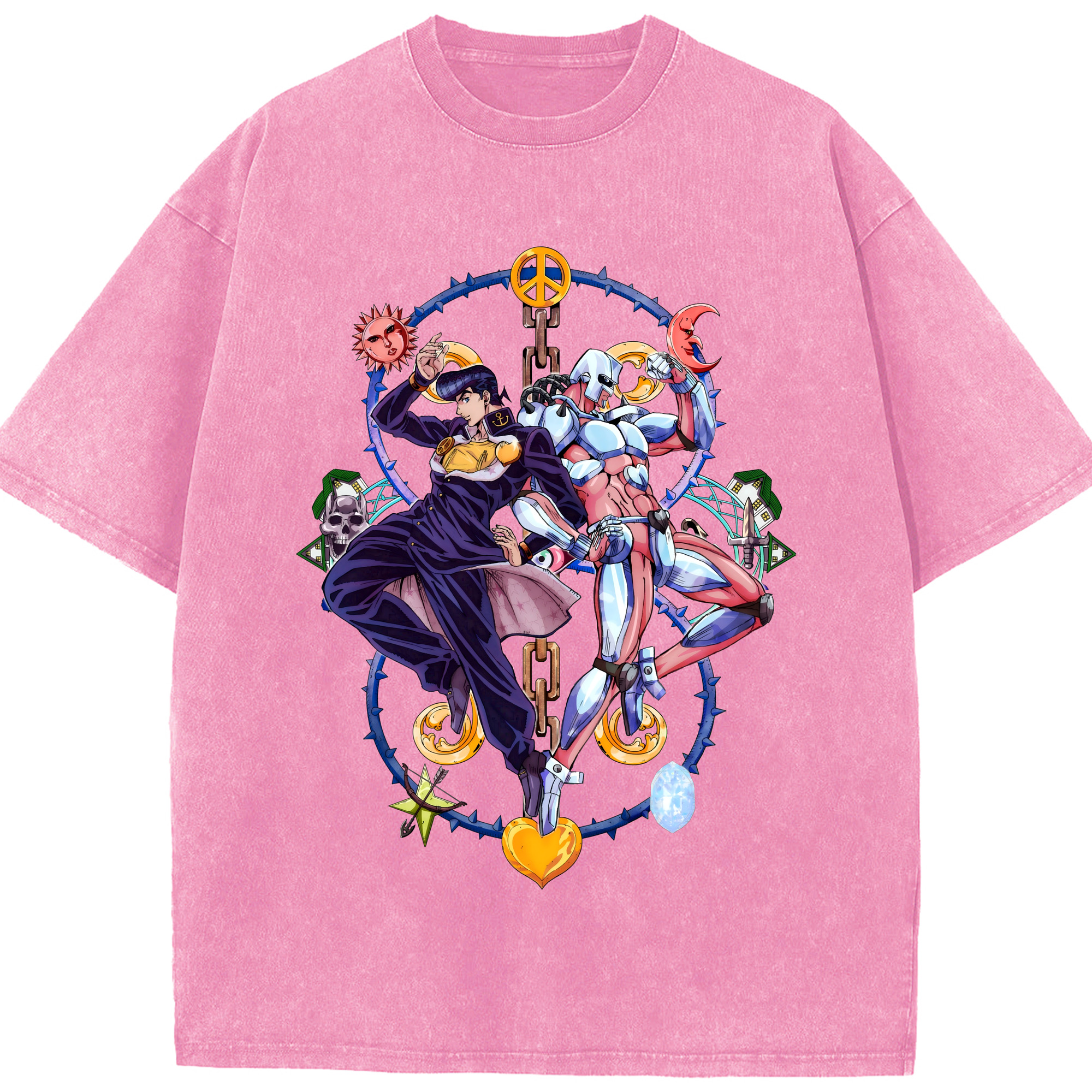 （画像用） ジョジョの奇妙な冒険 ひがしかた じょうすけ JoJo's Bizarre Adventure Higashikata Josuke 綿100% ヴィンテージ風 半袖Tシャツ（フロントプリント）
